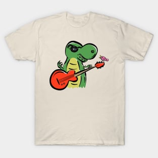 Guitarist Tyrannosaurus Dinosaur Dino Cartoon Cute Character T-Shirt